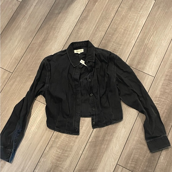 NWT Madewell Denim Pleated Cropped Button-Up Shirt, Lunar Wash, Sz S Small - Picture 3 of 5